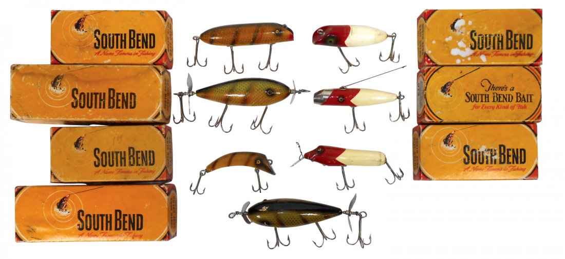 Fishing lures (7), 2 Surf-Orenos, Dive-Oreno,: Fishing lures (7), 2 Surf-Orenos, Dive-Oreno, Teas-Oreno, Babe-Oreno, 2 Bass-Orenos, all South Bend, all in boxes, Good/VG cond, 3.25"-4.25"L.