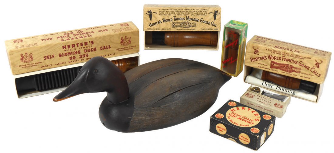 Hunting, duck & deer calls & decoy (7), Herter's Deer: Hunting, duck & deer calls & decoy (7), Herter's Deer Call #903, Self-Blowing Duck Call #293, Numara Goose Call, Hunter's Compass & Top Mount for Hunting Scopes, Lohman Bird & Game Call, all Exc in bo