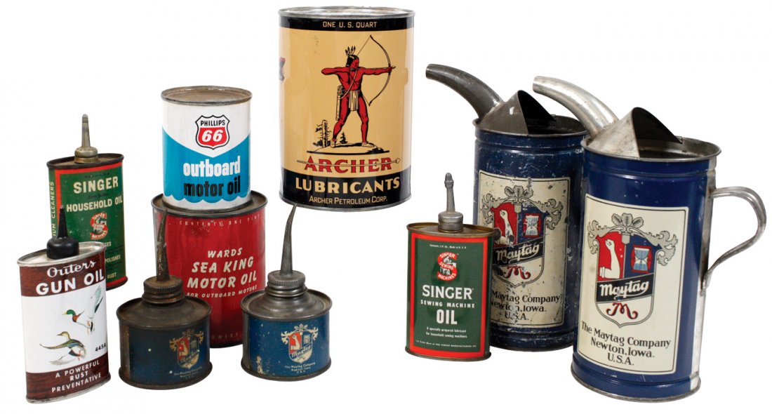 Petroliana, oil cans & oilers (10), Archer Oil w/Indian: Petroliana, oil cans & oilers (10), Archer Oil w/Indian logo (full), (2) Maytag pitchers, (2) Maytag oilers, (2) Singer Sewing Machine Oilers, Outers Gun Oil tin, Wards Sea King Motor Oil (full) & Phi