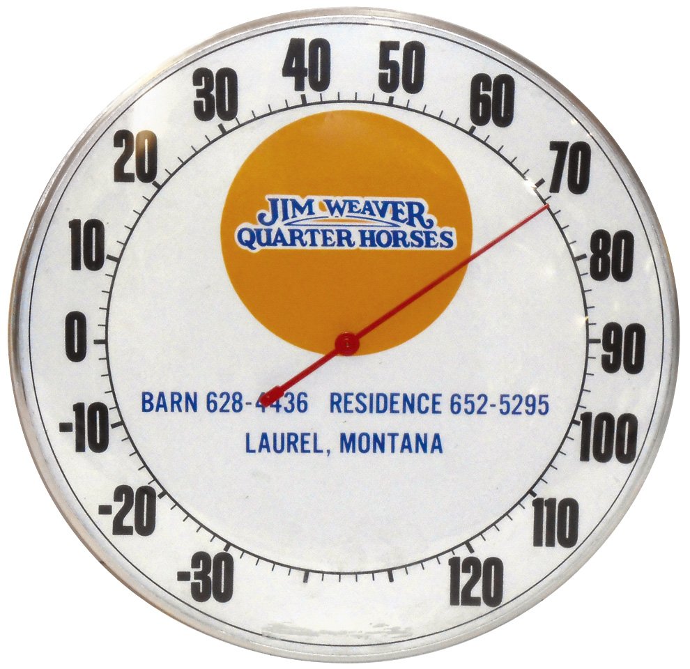 Advertising thermometers (3), Kelley Dairy Supply: Advertising thermometers (3), Kelley Dairy Supply Co.-Abbotsford, Wis., Jim Weaver Quarter Horses-Laurel, MT & Tramisol Worm 'n Germ for Cattle & Hogs, VG, Exc & Exc cond, 10" to 12"Dias.