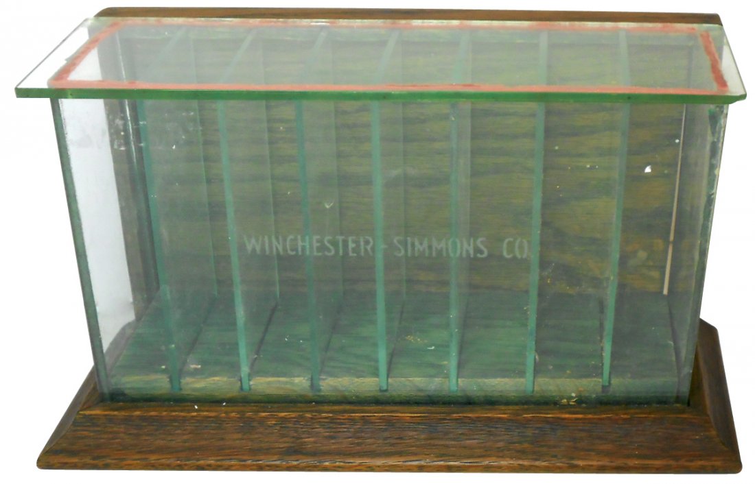 Hunting, Winchester-Simmons Co. counter display case,: Hunting, Winchester-Simmons Co. counter display case, oak w/etched glass, VG cond w/some loose glass & chipped corner on top glass, 7.5"H x 11.5"W x 4.5"D.