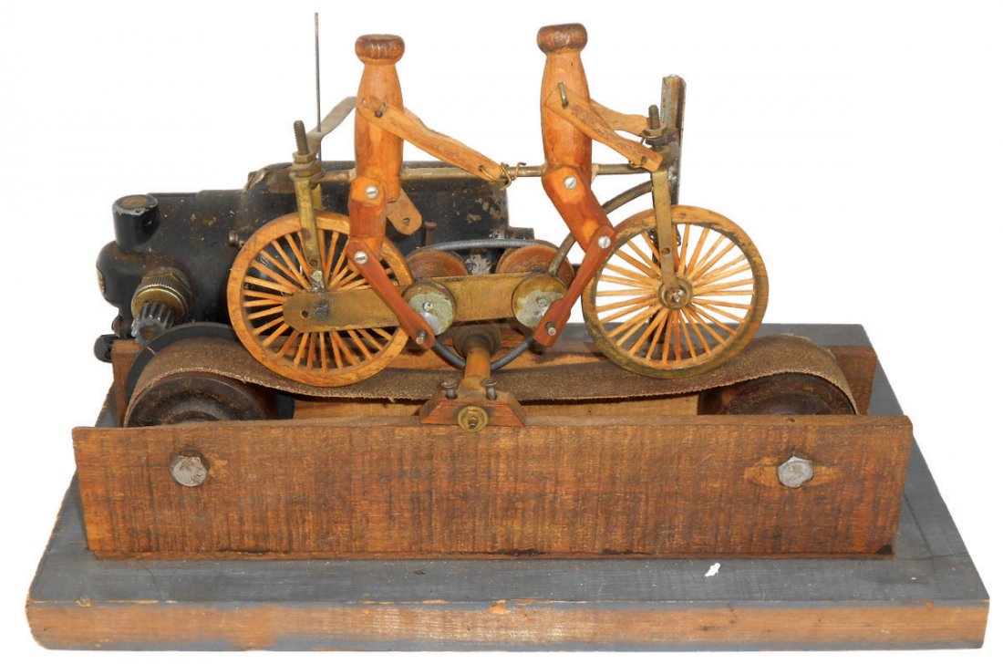 Folk art, bicycle-built-for-two w/clothespin riders,: Folk art, bicycle-built-for-two w/clothespin riders, electric, very whimsical, Exc working cond, 8"H x 12"W x 7.5"D.