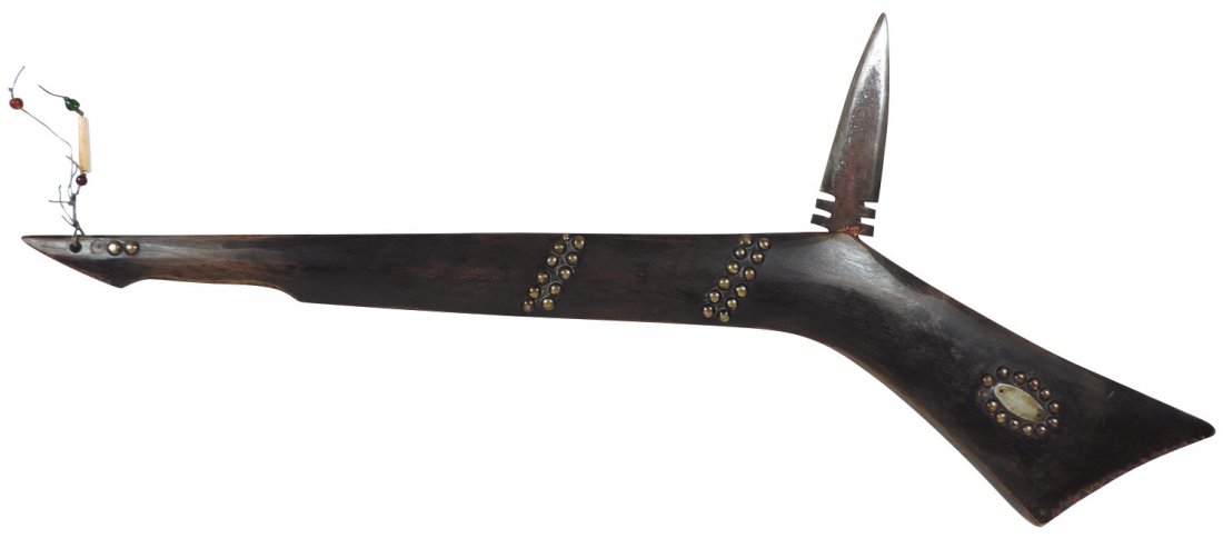 Native American, original gun stock wooden war club,: Native American, original gun stock wooden war club, c.1870's to 1920's w/brass tacks, silver inlays & carvings in stock, also beaded drop & forged trade spear point, from the Dr. Victor Neu collectio