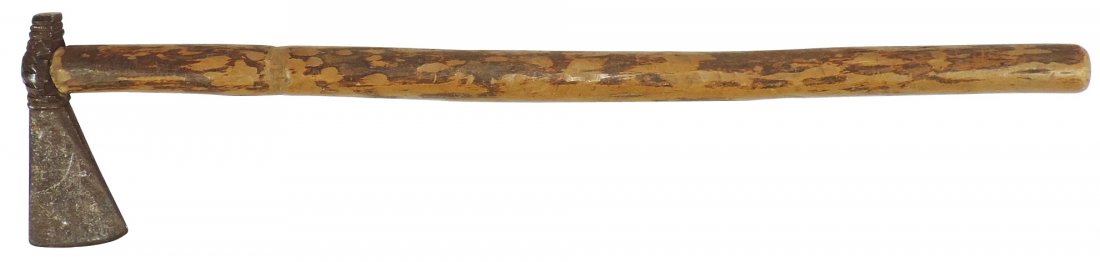 Native American tool, rifleman's small American bag axe: Native American tool, rifleman's small American bag axe w/orig handle, fine detailed file work, featured in Lar Hothem's book, "Rare and Unusual Indian Artifacts," p. 264, from the John Baldwin collec