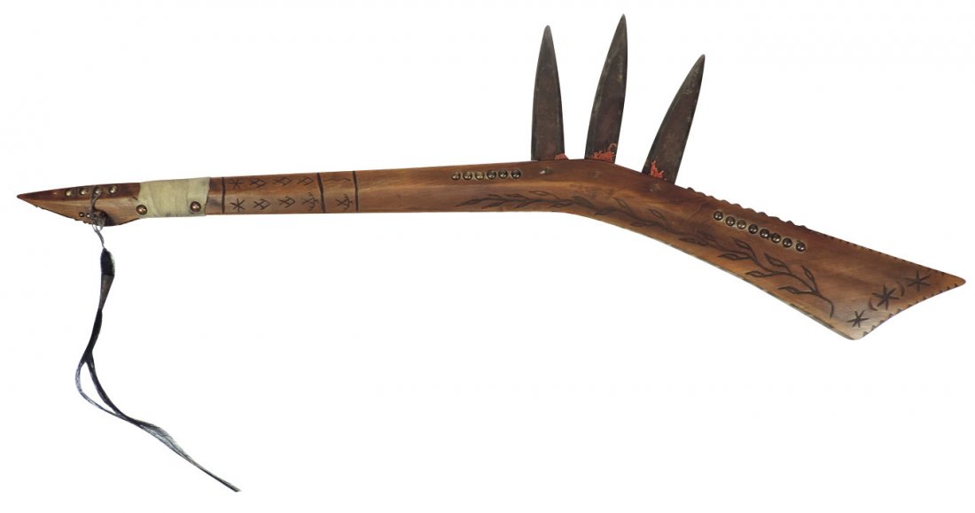 Native American, gun stock war club w/3 forged spear: Native American, gun stock war club w/3 forged spear points, heavily engraved w/brass tacks, leather & horse-hair embellishments, very detailed, VG/Exc cond, 39.25"L.