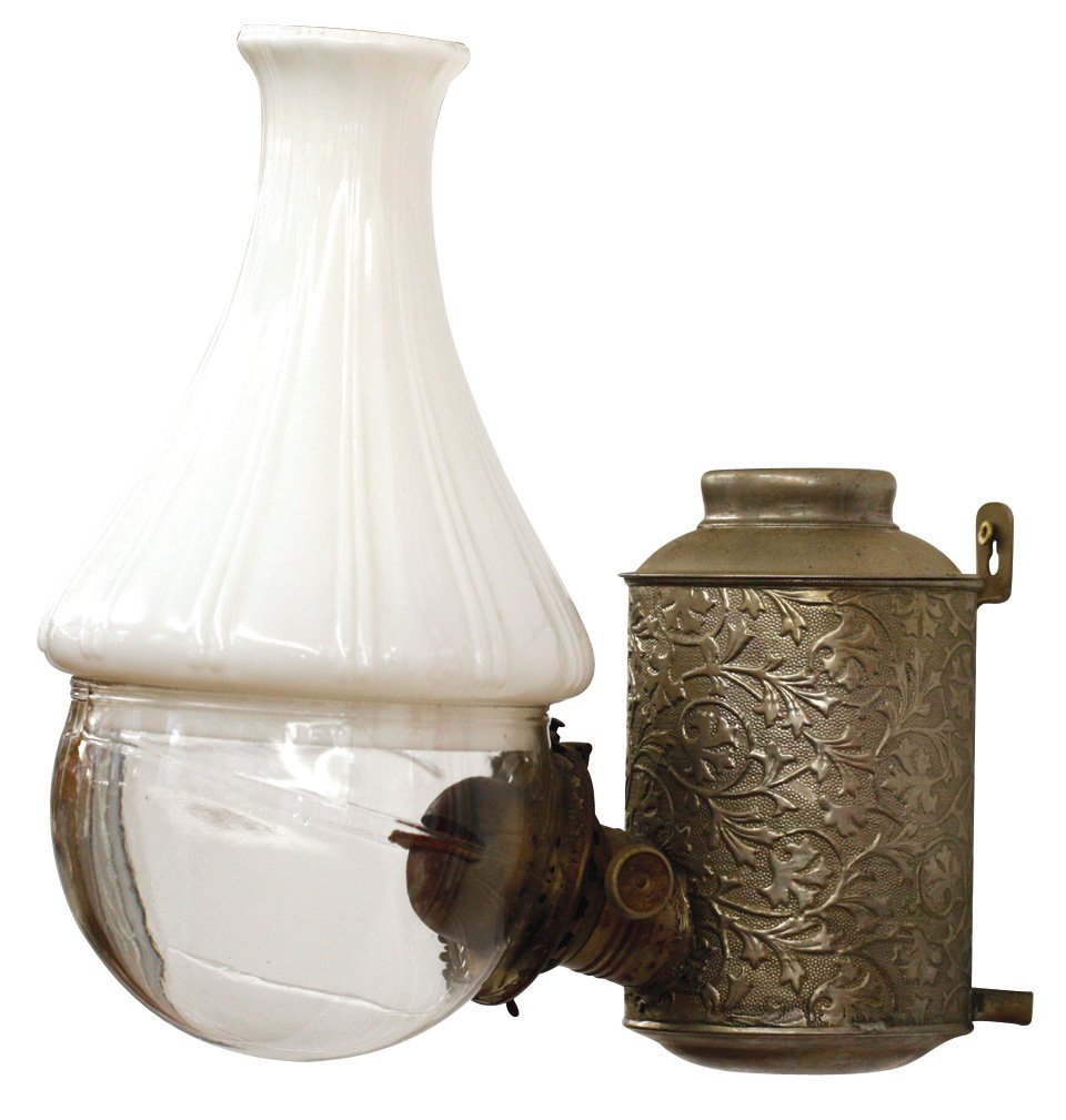 Lighting, wall mount kerosene lamp, Angle Lamp Co.-NY,: Lighting, wall mount kerosene lamp, Angle Lamp Co.-NY, fancy embossed metal w/milk glass shade, Exc cond, 14"H x 7"W.