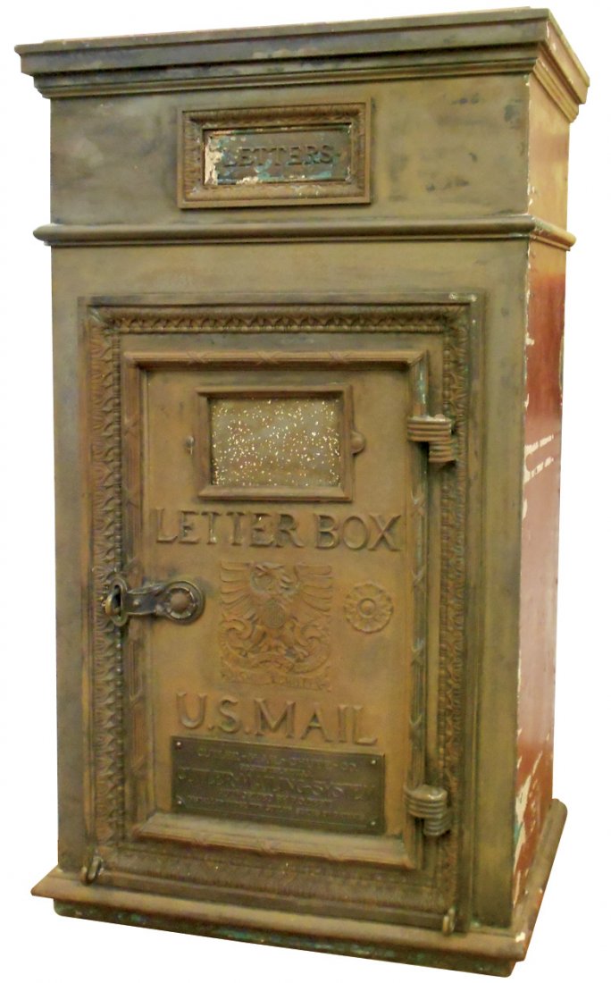 Post Office U.S. Mail Letter Box, mfgd by Cutler Mail: Post Office U.S. Mail Letter Box, mfgd by Cutler Mail Chute Co., cast iron & steel, VG cond w/old patina, 36"H x 20"W x 10"D.