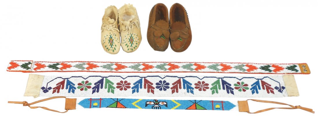 Native American children's moccasins, both pr tanned: Native American children's moccasins, both pr tanned leather w/beaded designs, brown pr shows average wear, fringed tan pr has very light wear, 2.5"W, colorful seed bead headband, beaded belt w/leathe