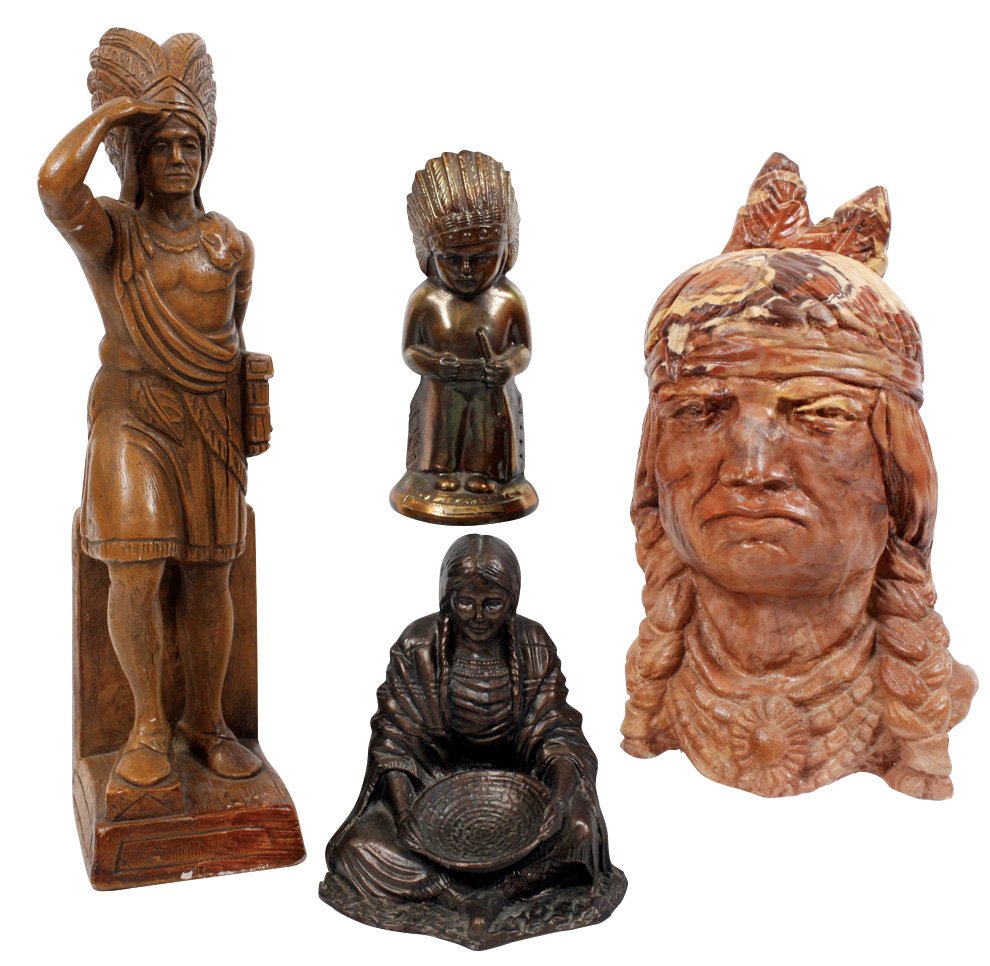 Indian figures (6), carved stone Indian bust, plaster: Indian figures (6), carved stone Indian bust, plaster full-figure cigar store Indian, cast metal Indian Boy bank, carved wood Indian pipe, carved stone Indian profile & white metal seated Indian woman