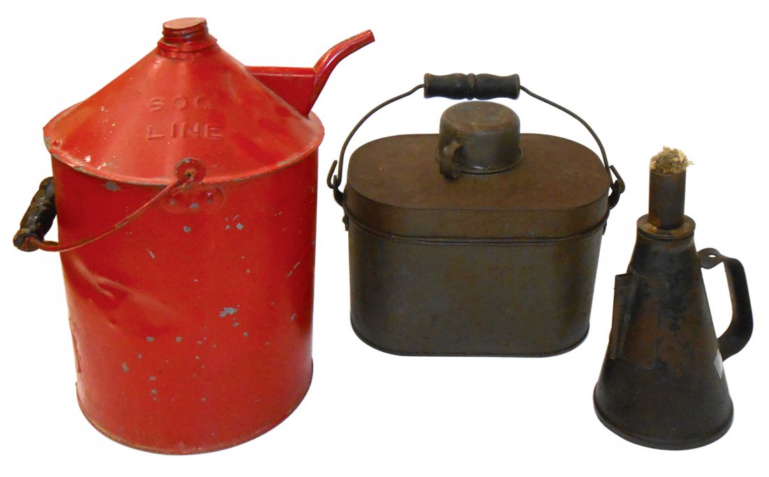 Railroad Soo Line gasoline bucket, PRR touch style: Railroad Soo Line gasoline bucket, PRR touch style lantern, mfgd by Gem Mfg. Co.-Pittsburg, PA & Atlantic metal lunch bucket w/drinking cup, all VG cond, up to 16"H.