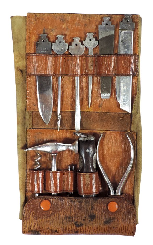 Tool kit, Henry Boker, complete w/stamped canvas &: Tool kit, Henry Boker, complete w/stamped canvas & leather case, pcs stamped H. Boker & Company-Germany, VG cond, case 9.5"L opened.