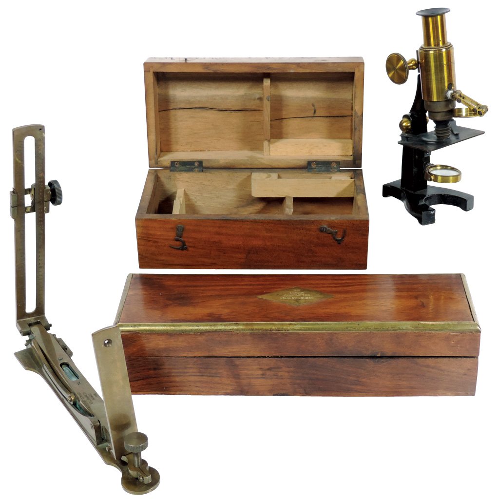 Laboratory tools (2), 1901 London Clinometer by Stanley: Laboratory tools (2), 1901 London Clinometer by Stanley London, has polished wood box w/brass ID & edging on hinged box top, intact paper label on bottom of box & microscope, unmarked but complete w/s