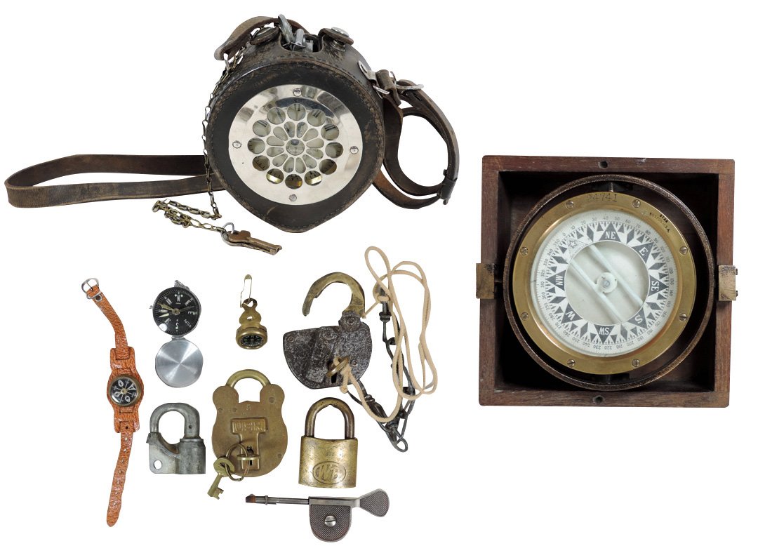 Tools, compasses, padlocks, gauge & clock (9), Star: Tools, compasses, padlocks, gauge & clock (9), Star Boston ship compass in box (no lid), compass watch, Marble's Outdoors compass, pocket compass, assorted padlocks, L. S. Starrett machinist's gauge &