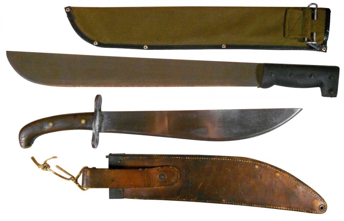 Machetes (2), military-type machete made in Taiwan: Machetes (2), military-type machete made in Taiwan w/canvas sheath, 22.5"L & heavy wood handled machete inscribed U.S. 43834 on one side of blade & Plumb Phila 1917 on other side, in leather/metal bel