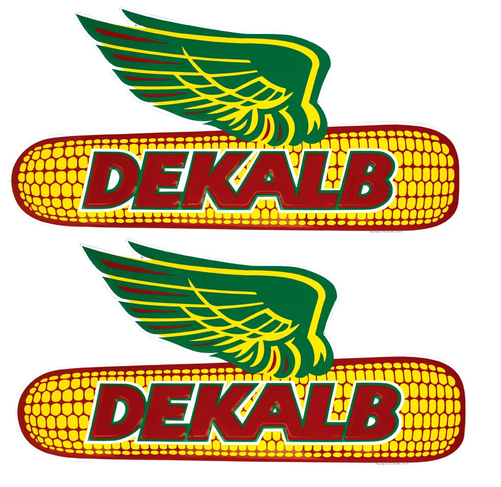 Seed corn signs (2), DeKalb Seed Corn, embossed diecut: Seed corn signs (2), DeKalb Seed Corn, embossed diecut metal by Press Sign Co.-St. Louis, dated 1973, NOS in Near-Mint cond, 18"H x 36"W.
