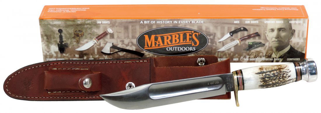 Knife, Marble's M.S.A. Co. Ideal Rolled Stag, 1 of 50,: Knife, Marble's M.S.A. Co. Ideal Rolled Stag, 1 of 50, Custom 2003 knife w/sheath, new stock Mint in Box, sheath includes whetstone & whetstone holder, blade 8"L, overall length 13.25"L.