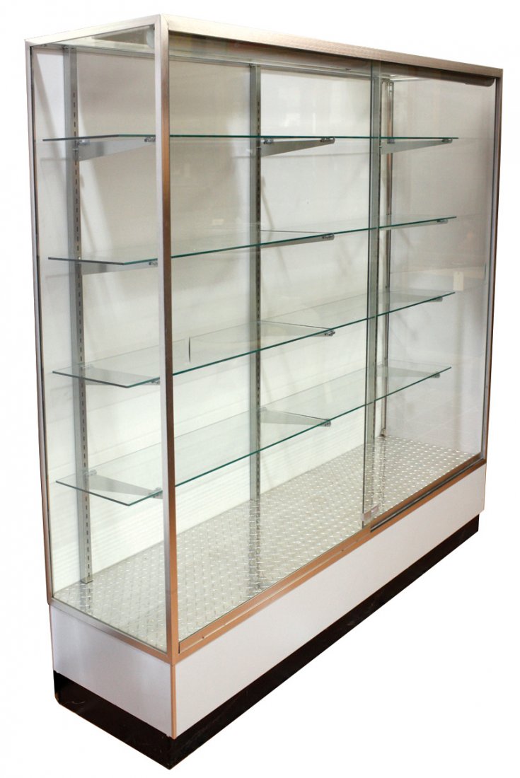 Display case, floor, contemporary, lighted wood, metal: Display case, floor, contemporary, lighted wood, metal & glass case w/4 glass shelves & sliding glass doors w/locks, Exc cond & great for shop, office or home use, 72"H x 70"W x 20"D.