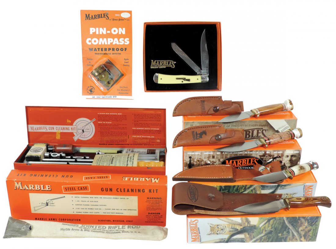 Knives, etc. (8), 2 Marble's Woodcraft knives w/sheaths: Knives, etc. (8), 2 Marble's Woodcraft knives w/sheaths & boxes (diff styles), No. 72118010 Fieldcraft Stag/Alum Knife w/sheath & box, Sport '09 golden oak knife w/sheath & box, Game Getter knife w/2