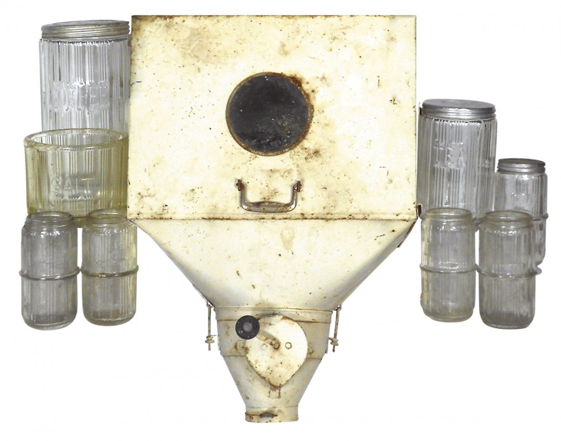 Kitchen cabinet jars & flour bin (9), Triple Skip: Kitchen cabinet jars & flour bin (9), Triple Skip pattern jars (8) & metal flour bin, 4 jars missing lids, o/wise VG cond, flour bin 17"H x 12"W x 9"D.
