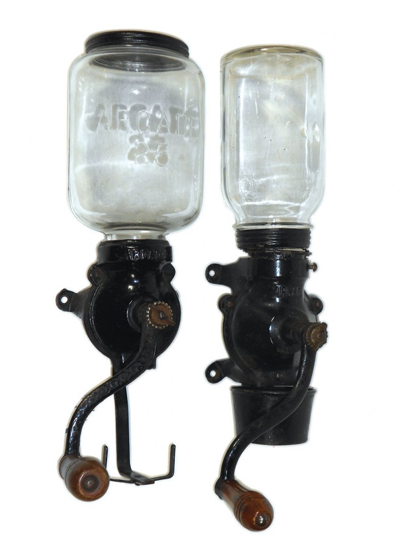 Coffee grinders (2), Arcade No. 25, embossed lid, no: Coffee grinders (2), Arcade No. 25, embossed lid, no catch cup o/wise Exc cond, 15.5"H x 4.5"W & Arcade w/orig cast iron catch cup & unmarked hopper, Good cond, 15.5"H x 4.5"W.