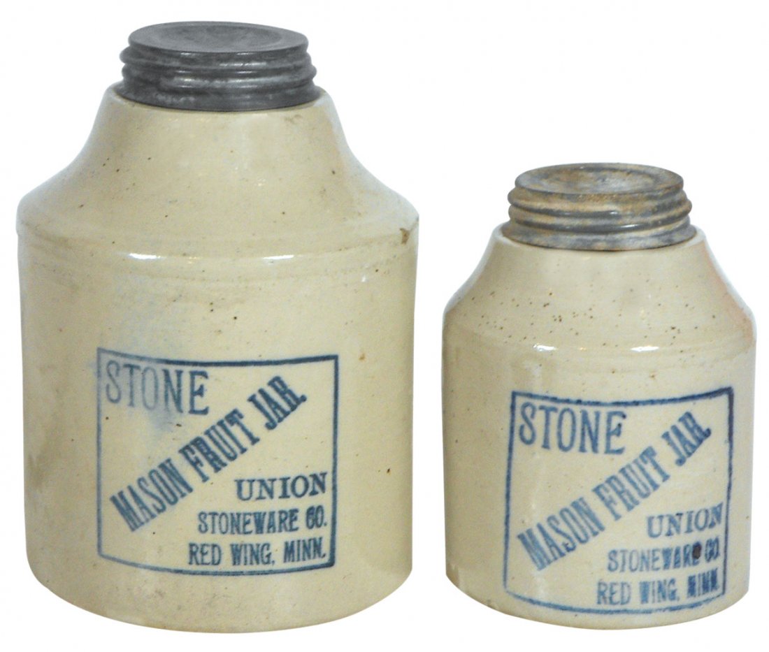Stoneware fruit jars (2), Red Wing Stone Mason 1/2 gal: Stoneware fruit jars (2), Red Wing Stone Mason 1/2 gal & 1 qt squatty, both blue label, 1/2 gal has sm flake on shoulder, o/wise both Exc cond, 6"H & 7.5"H.
