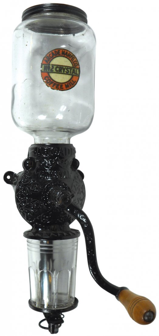 Coffee grinder, Arcade No. 2, orig decal on hopper: Coffee grinder, Arcade No. 2, orig decal on hopper w/plain lid & orig catch cup, Exc cond, 17.75"H.