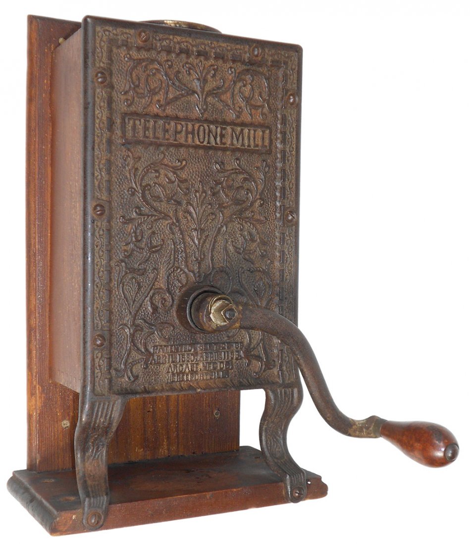 Coffee grinder, Arcade Telephone Mill w/round top,: Coffee grinder, Arcade Telephone Mill w/round top, Rare, fancy cast iron front, missing lid & catch cup, o/wise Exc cond, 13.25"H.