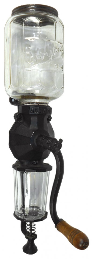 Coffee grinder, Arcade, hopper embossed Crystal No. 4: Coffee grinder, Arcade, hopper embossed Crystal No. 4 w/embossed lid & orig catch cup, Exc cond, 18.75"H.