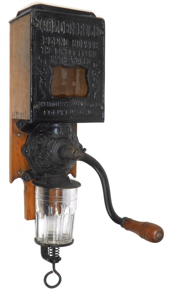 Coffee grinder, Golden Rule, Citizens Wholesale Supply: Coffee grinder, Golden Rule, Citizens Wholesale Supply Co.-Columbus, OH, cast iron front, rectangular lid & orig catch cup, Exc cond, 19"H.