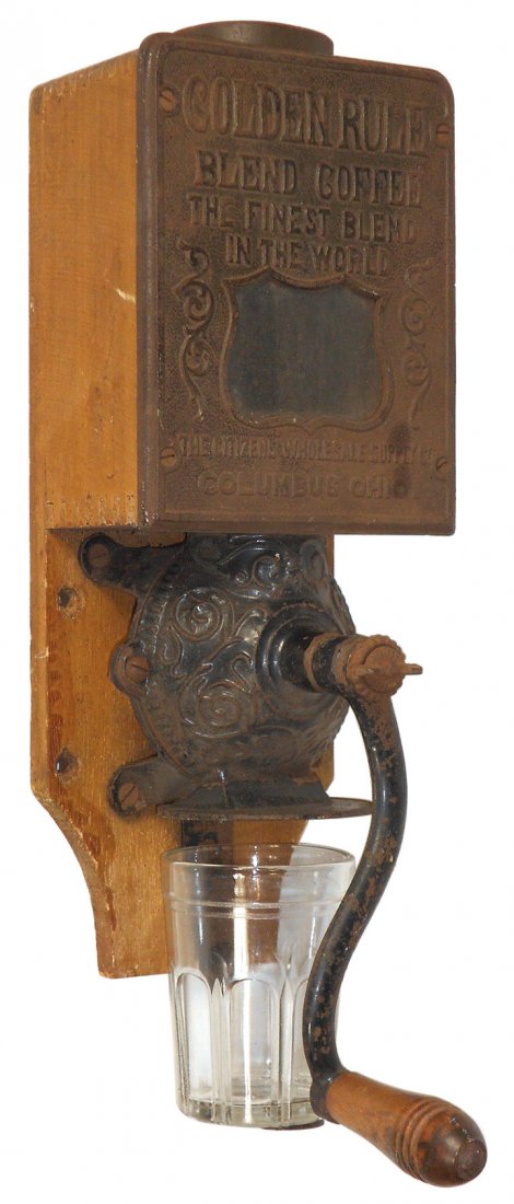 Coffee grinder, Golden Rule, Citizens Wholesale Supply: Coffee grinder, Golden Rule, Citizens Wholesale Supply Co.-Columbus, OH, round lid, cast iron front & orig catch cup, missing spring, o/wise Exc cond, 16.5"H.
