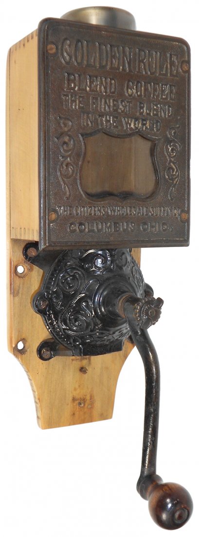 Coffee grinder, Golden Rule, Citizens Wholesale Supply: Coffee grinder, Golden Rule, Citizens Wholesale Supply Co.-Columbus, OH, round lid, cast iron front, missing catch cup & holder, o/wise Exc cond, 14.5"H.