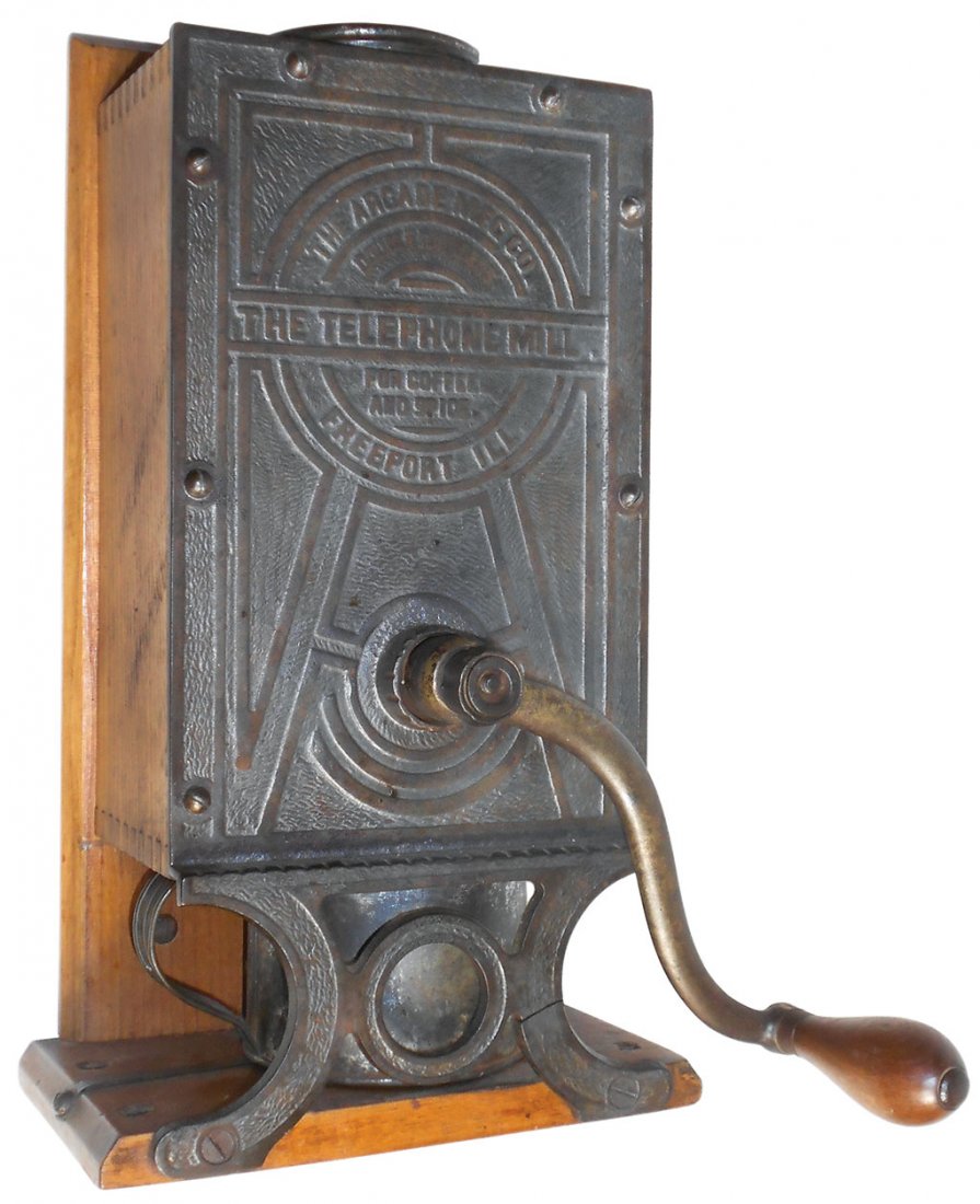 Coffee grinder, Arcade Telephone Mill for Coffee &: Coffee grinder, Arcade Telephone Mill for Coffee & Spice, Rare, one leg has minor crack, o/wise Exc cond, 13.25"H.