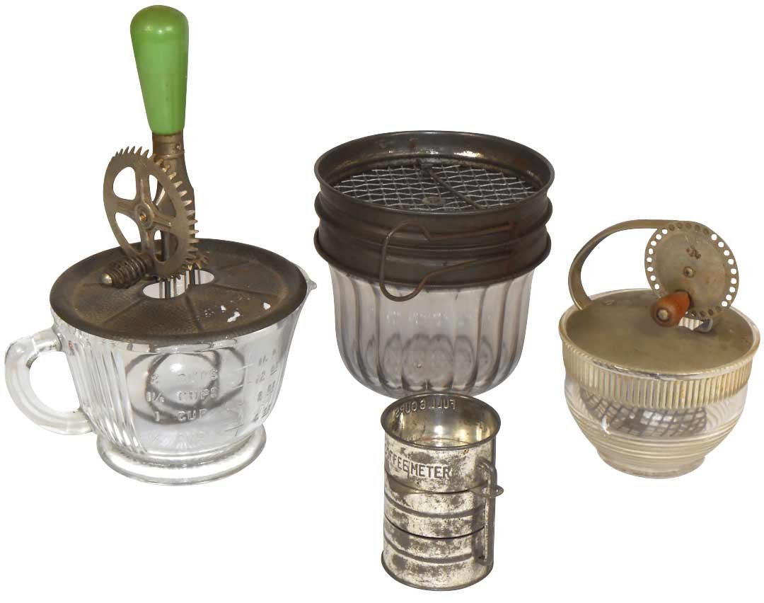 Kitchenware (4), flour sifter, glass w/metal mech, 2: Kitchenware (4), flour sifter, glass w/metal mech, 2 cup glass beater, Androck beater jar & Chocolate Cream Coffee measure, all Exc cond, up to 10"H.
