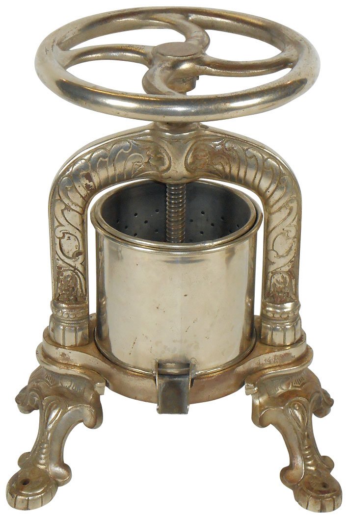 Kitchenware French meat or juice press, nickel-plated: Kitchenware French meat or juice press, nickel-plated cast iron, Depose-France cast on bottom, fancy feet & scrolling, Exc cond, 15"H x 11"W.