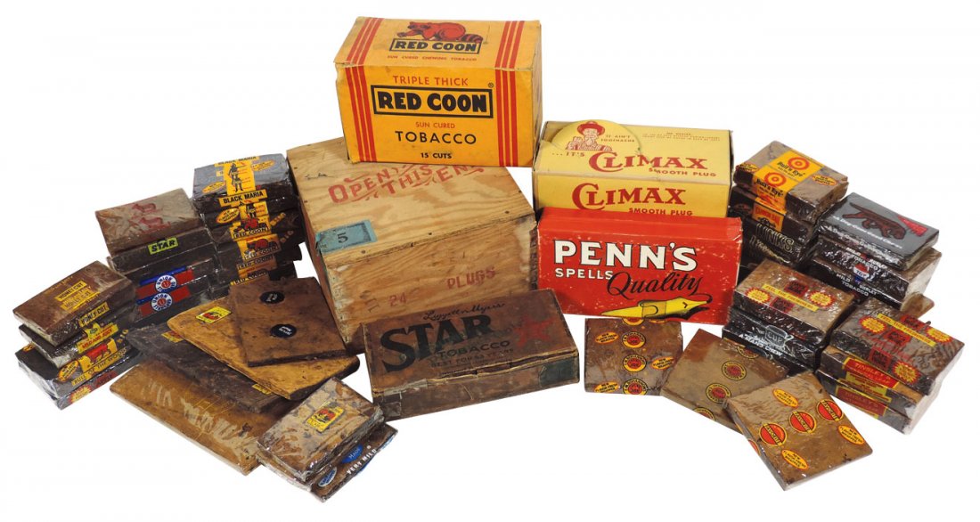 Tobacciana (approx 50), Full Bloom opened wood box: Tobacciana (approx 50), Full Bloom opened wood box w/orig contents, Star & Penns; almost full Climax & empty Red Coon, plus indiv plugs of Star, Bull of the Woods, Horse Shoe, Cups, Days o' Work, Tins