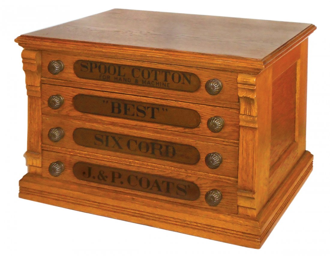 Country store spool cabinet, J. & P. Coats' Spool: Country store spool cabinet, J. & P. Coats' Spool Cotton oak 4-drwr, Exc refinished cond, 16"H x 23"W x 16.5"D.