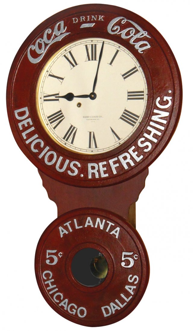 Coca-Cola Baird clock, 1990's reproduction of the orig: Coca-Cola Baird clock, 1990's reproduction of the orig made in 1896, Limited Edition of 2500, Exc cond, 32"H x 18"W.
