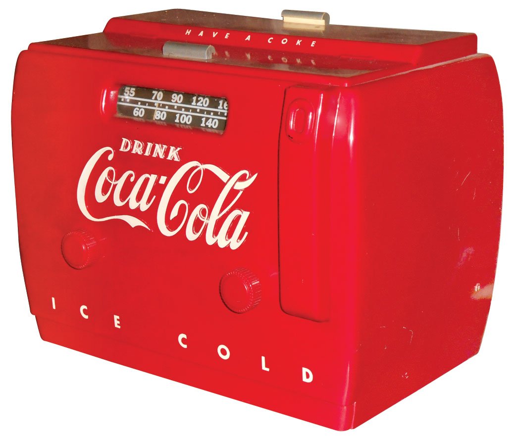 Coca-Cola radio, cooler shape, c.1950's, Exc working: Coca-Cola radio, cooler shape, c.1950's, Exc working cond, 9.5"H x 12"W x 8"D.