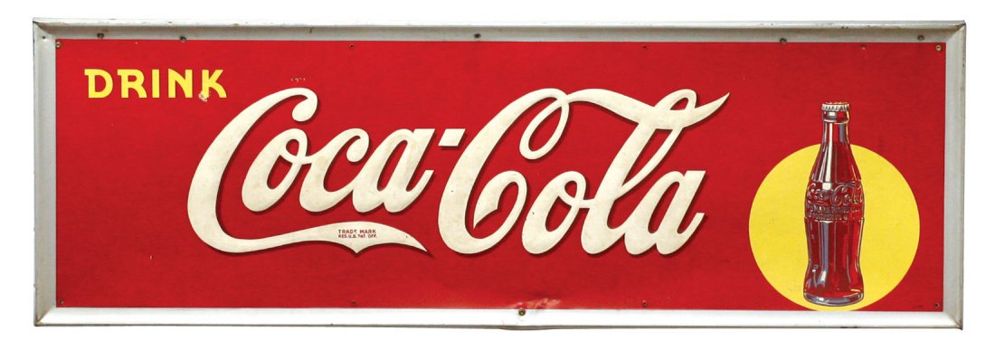 Coca-Cola sign, self-framed embossed metal, bottle in: Coca-Cola sign, self-framed embossed metal, bottle in yellow circle graphic, c.1940, Good+/VG cond w/some additional mounting holes, 18"H x 54"W.