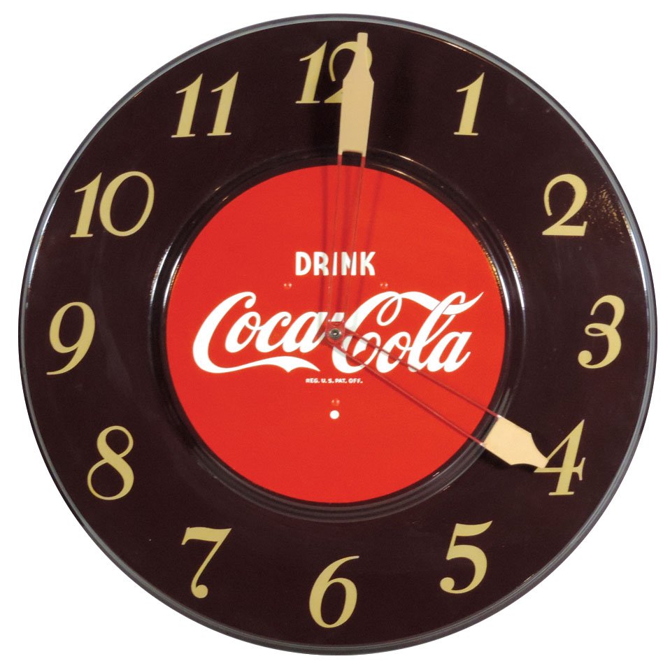 Coca-Cola clock, c.1951, metal, red & maroon, Exc: Coca-Cola clock, c.1951, metal, red & maroon, Exc working cond, 17"Dia.