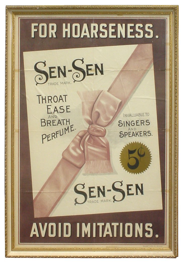 Chewing gum sign, Sen-Sen litho on paper, large early 5: Chewing gum sign, Sen-Sen litho on paper, large early 5 Cent package adv mailer by Stecher Litho-Rochester, NY, VG cond w/fold lines, nicely framed, 45"H x 31"W.