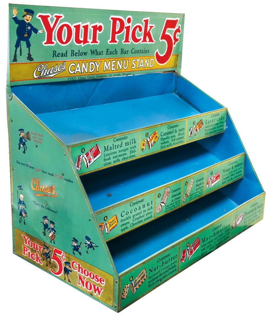 Candy bar display, Chase Candy Co.-St. Joseph, MO, 5: Candy bar display, Chase Candy Co.-St. Joseph, MO, 5 Cent tiered metal display for Chase Malted Milk, Pretty Girl, Casey Jones, Tween Meals & others, ea w/a picture & list of contents, folding adv mar