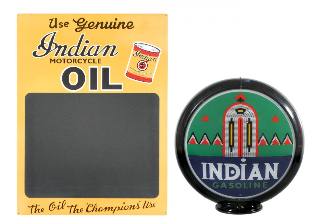 Petroliana blackboard & globe (2), Indian Motorcycle: Petroliana blackboard & globe (2), Indian Motorcycle metal blackboard, 24"H x 18"W & Indian gasoline globe, 2-pc body w/glass inserts, 16"Dia, both contemporary & Exc cond.