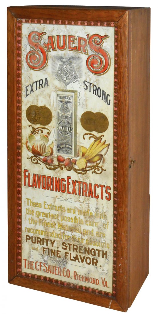 Advertising cabinet, Sauer's Flavoring Extracts, litho: Advertising cabinet, Sauer's Flavoring Extracts, litho on embossed metal front panel in wood case, VG cond w/some wear on panel, 26"H x 12"W x 8"D.