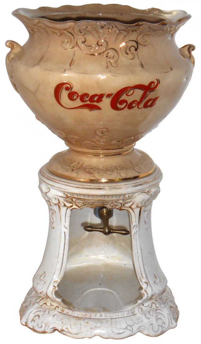 Coca-Cola syrup dispenser, The Wheeling Pottery Co.: Coca-Cola syrup dispenser, The Wheeling Pottery Co. stamped on bottom of bowl & base, c.1896, no lid, some stain & discoloring on bowl but no chips or cracks, VG overall cond, 18"H x 10"Dia.