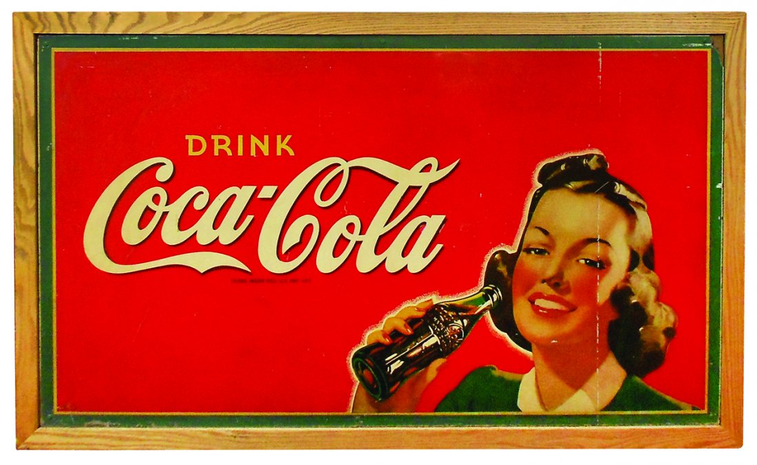 Coca-Cola sign, Masonite in oak frame, AM-1-5,: Coca-Cola sign, Masonite in oak frame, AM-1-5, top rt corner broken & scratches throughout, o/wise Good+ cond, 35.5"H x 60"W.