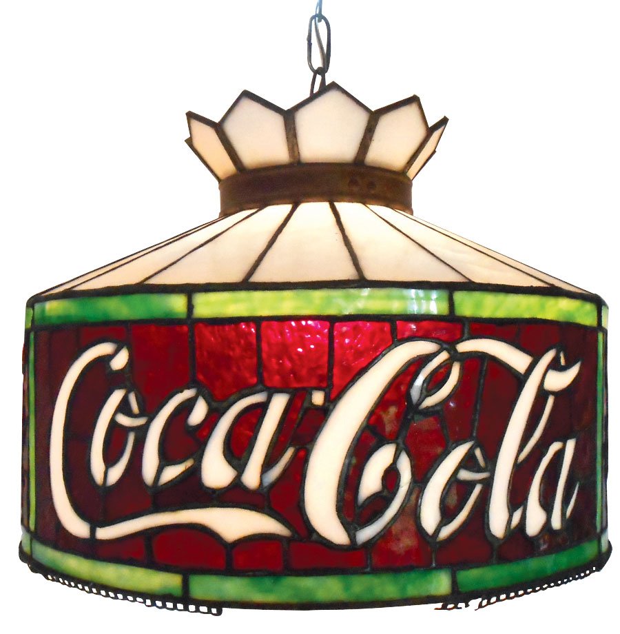 Coca-Cola leaded glass shade w/leaf edge, Rare, stamped: Coca-Cola leaded glass shade w/leaf edge, Rare, stamped "Property of the Coca-Cola Company to be returned on demand", some old minor tight cracks & missing 2 areas of bottom metal edge trim, c.1920's,