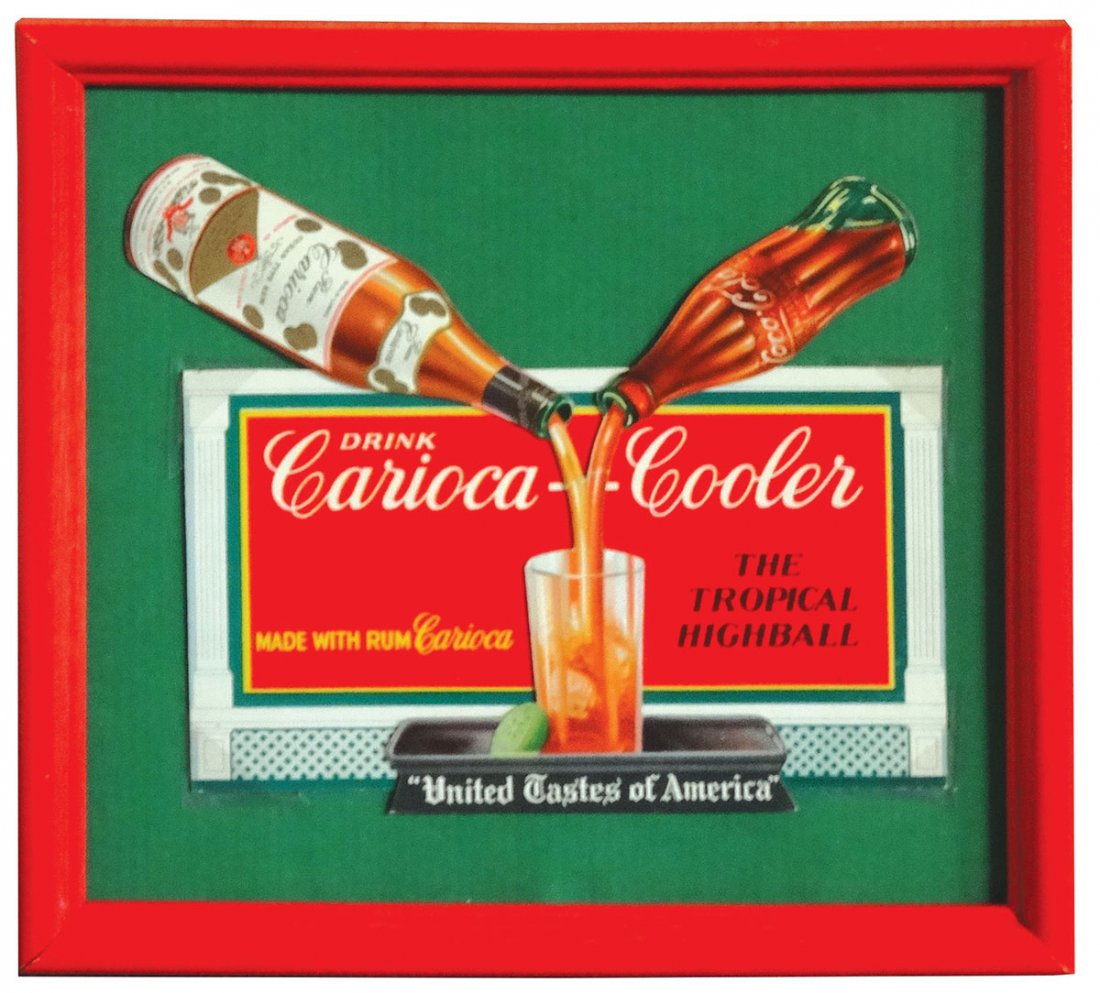 Coca-Cola sign, Carioca Cooler, colorful 1930's cdbd, a: Coca-Cola sign, Carioca Cooler, colorful 1930's cdbd, a very difficult piece to find, dry mounted & framed under glass, clean & bright w/nearly no wear except for minor bends/surface breaks in stream 