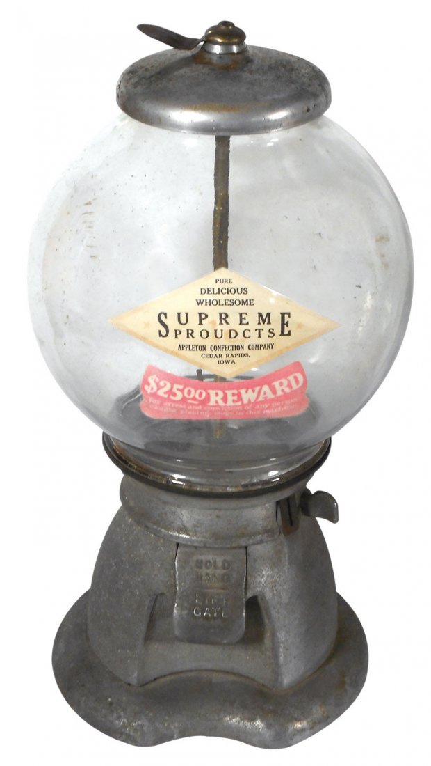 Coin-operated machine, Bluebird bulk vendor, cast: Coin-operated machine, Bluebird bulk vendor, cast aluminum & glass w/orig decals from Supreme Products, Appleton Confection Co.-Cedar Rapids, IA, c.1915, VG cond, 17"H.