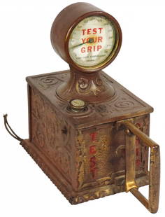 Coin-operated machine, Test Your Grip, grip tester: Coin-operated machine, Test Your Grip, grip tester w/cigar lighter, 1 Cent, cast iron w/paper dial, from Unit Sales Corp.-Omaha, electric w/cut off cord, side casting embossed W.H. Co., VG cond, 12"H